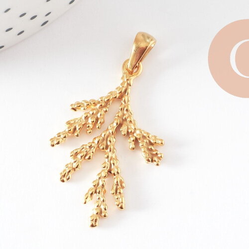 Pendentif branche de corail acier 201 inoxydable doré ip 34mm, création bijoux résistants x1 g9671