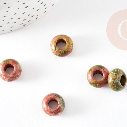 Perle rondelle donut unakite verte naturelle 14mm, rondelle pierre pour création bijoux x2 g9215