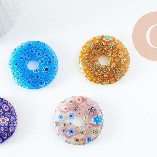 Pendentif donut millefiori,verre murano, cabochons verre, verre millefiori,fait main,pendentif rond verre,29-39mm x1 g1451