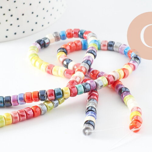 Perles tube heishi porcelaine multicolore 4.5mm, création bijoux fantaisie diy, fil de 30cm, x1 g9660