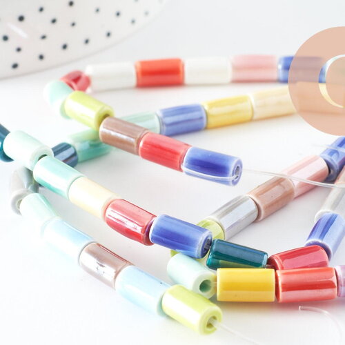 Perles tube porcelaine multicolore 11mm, création bijoux fantaisie diy, fil de 30cm, x1 g9659