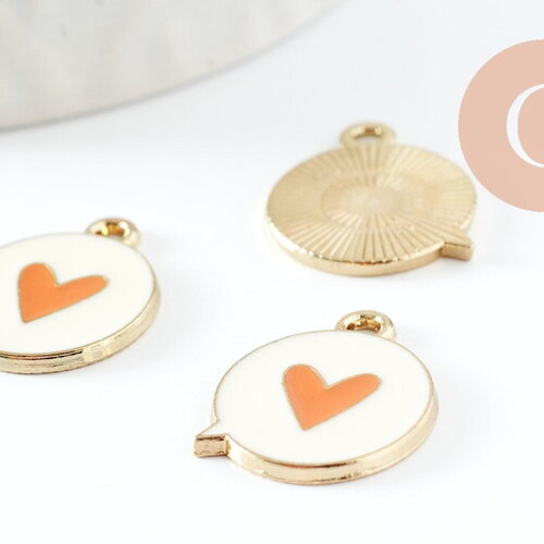 Pendentif médaille ronde coeur émail orange laiton doré ,pendentif laiton amour pour création bijoux,17.5mm, x1 (g4294)