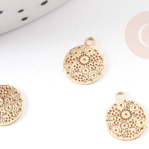 Pendentif estampe filigrane rond dentelle laiton doré 10mm, pendentif très fin et léger pour création de bijoux diy x2 g9204