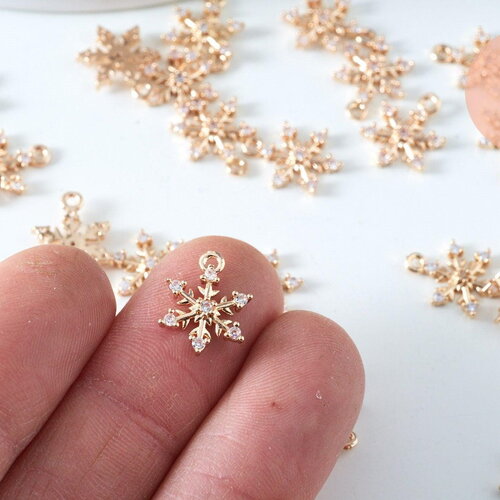 Breloque flocon laiton doré 18k cristal 14.5mm, x1 (g6180)