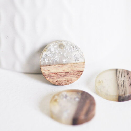 Pendentif disque bois résine paillettes, bois naturel, perle bois rond, perle géométrique,perle ronde,création bijoux bois,18mm, x5, g1994