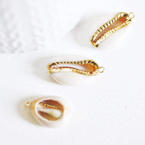 Pendentif coquillage cauri ouvert naturel doré, coquillage conch bijou naturel, 23mm, x1 , g2296