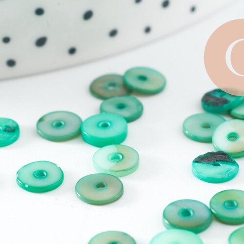 Perles coquillage naturel heishi teinté vert 6mm,rondelle coquillage, x50 g5573