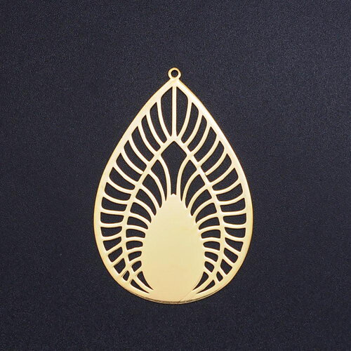 Pendentif goutte soleil acier 201 inoxydable dore 52mm ,breloque acier inoxydable doré filigrane sans nickel pour création bijoux, x1 g6119