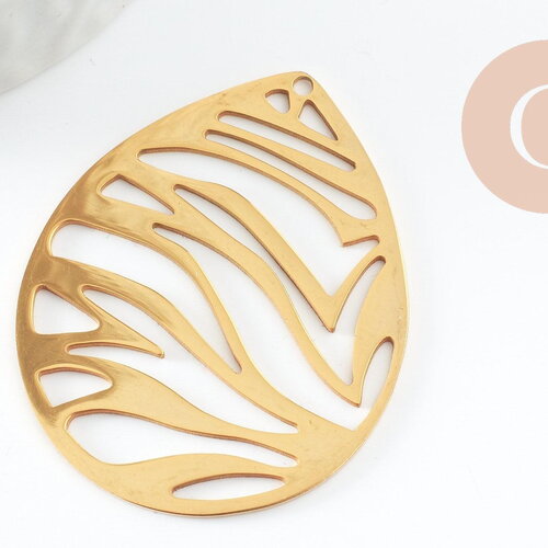 Pendentif goutte zèbre acier 201 inoxydable dore 45mm, pendentif doré wire wrapping sans nickel pour création bijoux, x1 g9520