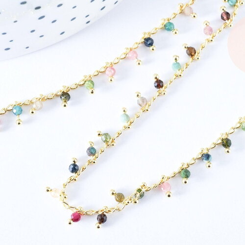 Chaine collier laiton doré fantaisie tourmaline naturelle 45cm, création bijoux pierre naturelle, x1 g7251