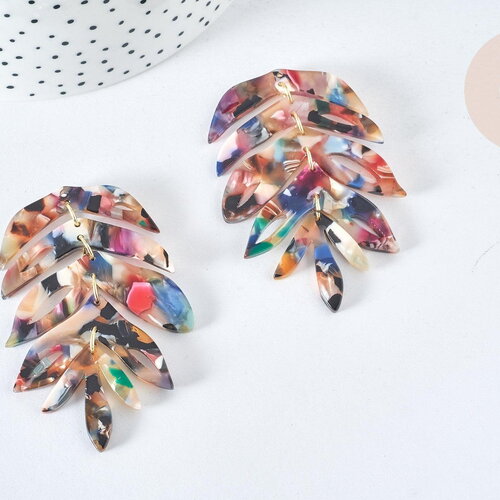 Pendentif feuille acétate multicolore laiton doré 65mm, création bijoux plastique, x1 g7471