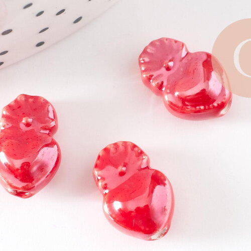 Perle coeur porcelaine rouge irisé 16mm, perle céramique, fabrication bijoux, x10 g9347