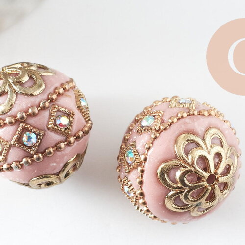 Perle indonésienne polymère rose clair strass et zamac doré 19.5mm,création bijou ethnique exotique, x1 g6253