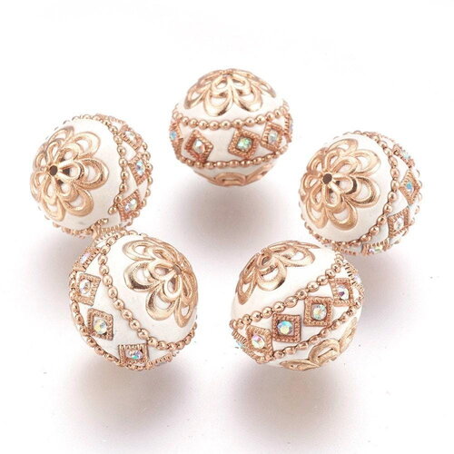 Perle indonesienne polymère blanc strass et zamac doré 19.5mm,création bijou ethnique exotique, x1 g5907