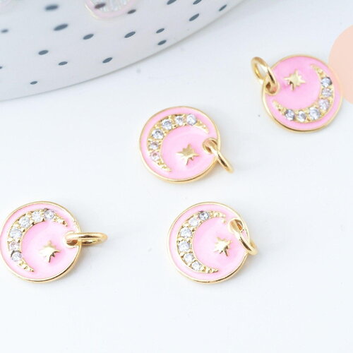 Pendentif médaille ronde lune émail rose laiton doré 18k et cristal zircon 10mm,pendentif laiton chance pour création bijoux,x1 g6076