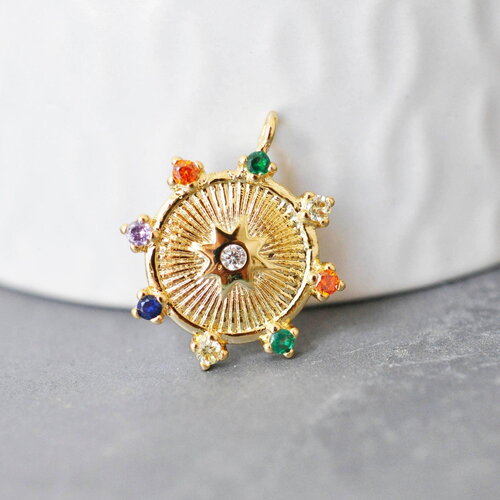 Pendentif médaille ronde étoile laiton doré zircons colorés, un pendentif doré avec cristaux pour création bijoux,24mm, x1,g3377