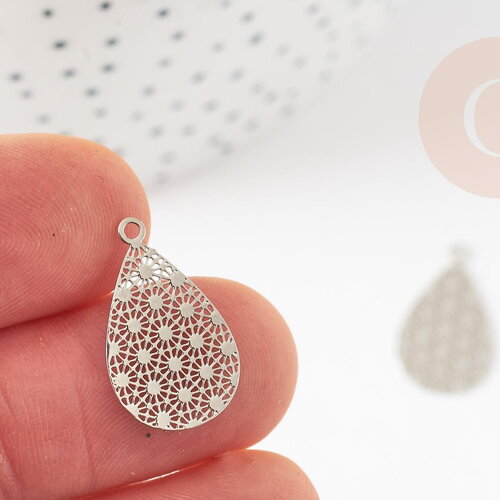 Pendentif estampe filigrane goutte motif géométrique laiton platine 19.5mm, très fin et léger bijoux argentés, x2 g9289