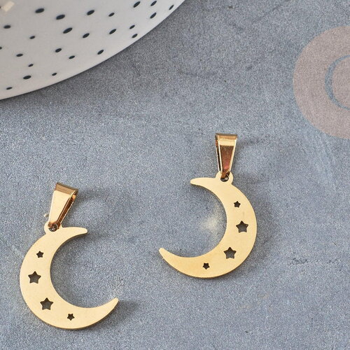 Pendentif acier doré lune et étoiles 20mm, breloque doré, acier inoxydable doré, pendentif sans nickel, x1 g6160