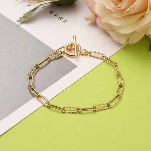 Bracelet trombone striée acier doré 14k inoxydable, fermoir en t, sans nickel, 20.9cm, x1 (g5805)
