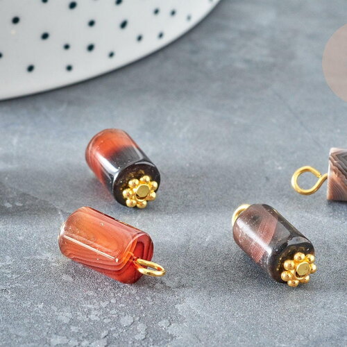 Pendentif agate naturelle marron colonne fer doré 17.5mm, pierre naturelle, x1 (g8332)