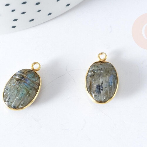 Pendentif scarabée labradorite naturelle argent 925 doré 18k 19mm, création bijoux pierre, x1 g7726