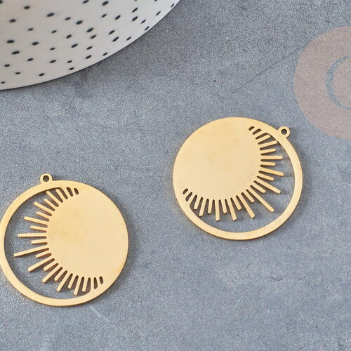 Pendentif rond soleil acier inoxydable doré 32mm, x1 (g6161)