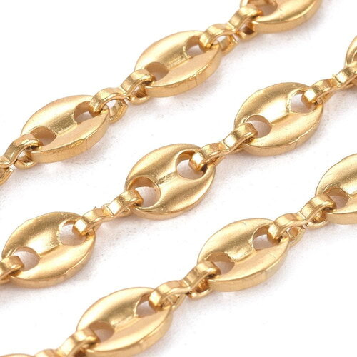 Chaine acier inoxydable doré ip 18k maille grain de café 7x4mm, x1 mètre (g5499)