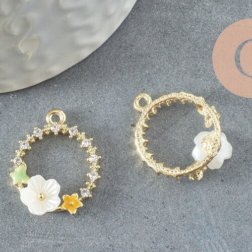 Pendentif rond fleurs zamac doré, un pendentif doré féminin et fleuri pour création bijoux,22-23mm, x5 (g3265)