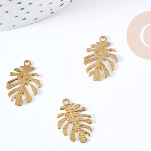 Pendentif feuille monstera striée laiton brut 13mm, fabrication bijoux fantaisie thème nature x2 g9252