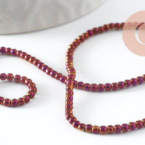 Perles rondes rose rouge métallisées verre 2,5mm, perles pour création bijoux verre, le fil de 35.8cm, x1 (g8708)