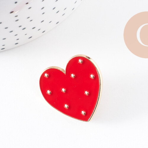 Broche pins coeur laiton doré émaillé rouge à pois 29mm, x1 (g5240)