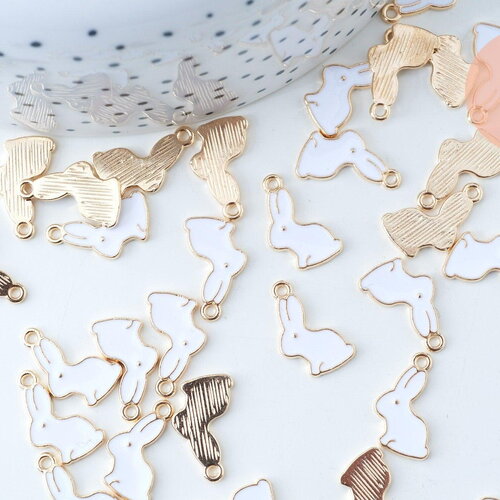 Pendentif lapin zamac doré émail blanc 17mm,pendentif doré pour création de bijoux,x 5 g6101