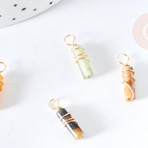 Pendentif tube jade naturel multicolore support cuivre doré 20~21x5mm, pendentif pierre, x1 g8396