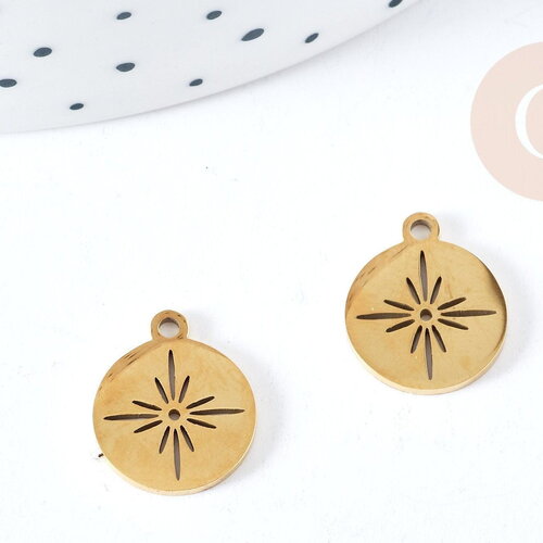 Pendentif dond plat étoile acier doré 304 inoxydable 14mm, création bijoux acier inoxydable x1 g8723