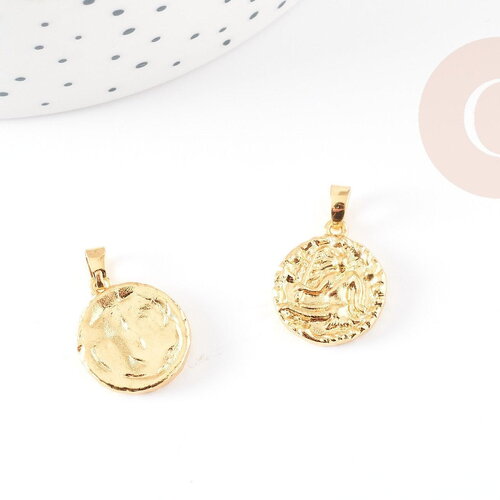 Pendentif médaille ronde vierge laiton doré 18k 16.5mm, un pendentif doré astrologique création bijoux, x1 g3644