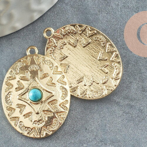 Pendentif ovale zamac doré 16k gravé turquoise de synthèse,sans nickel,creation bijoux inspiration indienne, 31.5mm, x1 g4526