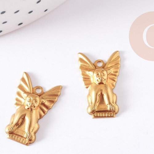 Breloque sphynx laiton brut 21mm, bijoux fantaisie,création bijoux micromacramé x2 g8206