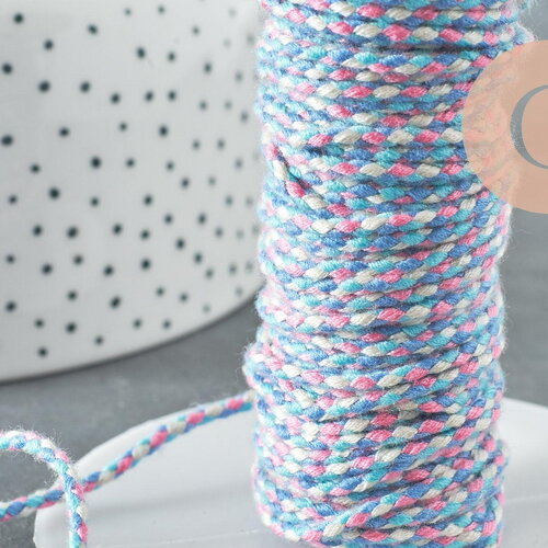Cordon tressé rose bleu 2mm, cordon pour bijoux, cordon multicolore scrapbooking, cordon décoration, x 1mètre g5935