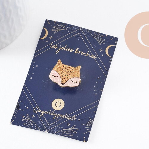 Broche mignonne renard doré et rose paillettes 21mm, x1 (g9998)
