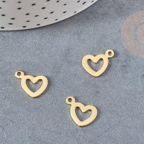 Pendentif médaille coeur acier doré, pendentif acier doré,sans nickel,acier doré, médaille acier,14mm, x5 g3632