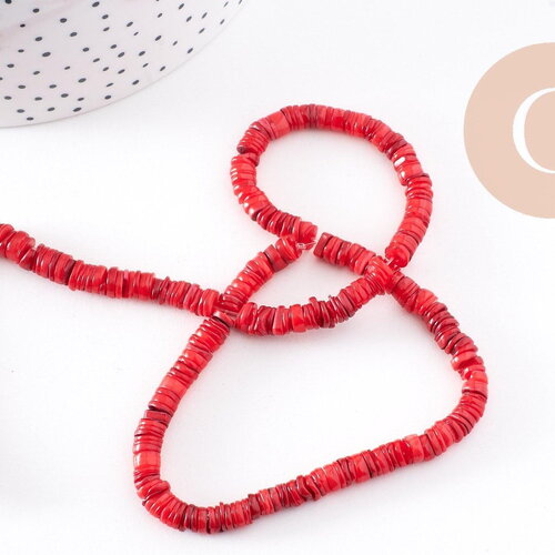 Perles coquillage rouge naturel heishi, rondelle coquillage blanc ,coquillage rouge, perle coquillage ,5-6mm, le fil (g1813)
