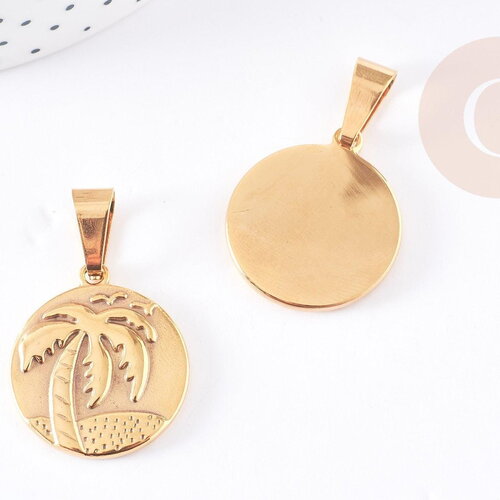 Pendentif médaille ronde palmier acier doré 25mm, x1 (g2752)