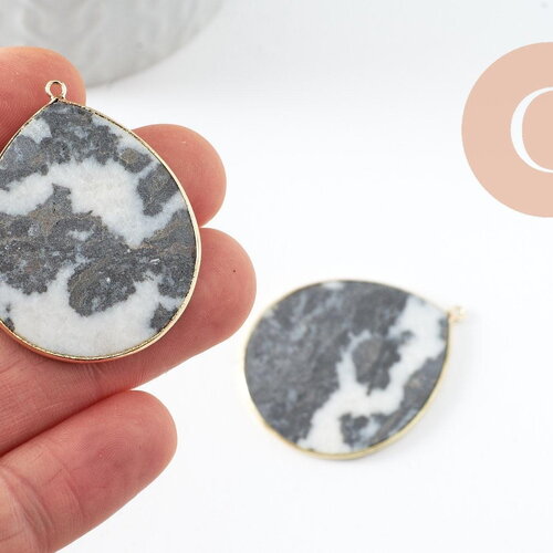 Pendentif goutte jaspe zebra naturel noir et blanc laiton doré 44mm, x1 (g9813)