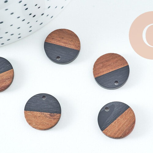 Pendentif disque bois résine noire 18mm, x5 (g2947)