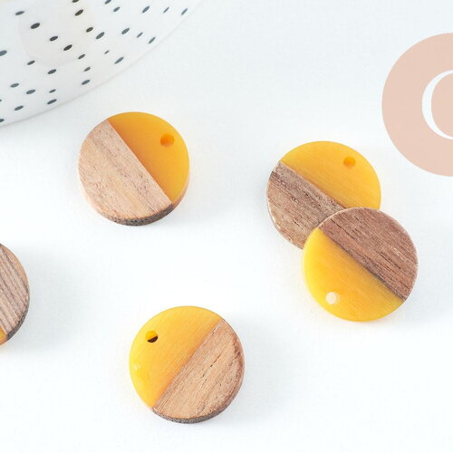 Pendentif disque bois résine jaune 18mm, x5 (g1804)