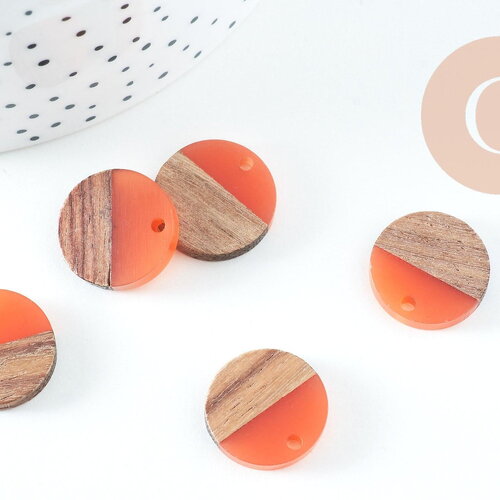Perle disque bois résine orange corail 18mm,création bijoux bois x5, g3153