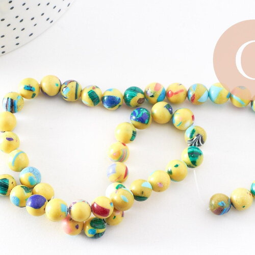 Perle résine ronde multicolore jaune, perle turquoise, turquoise synthétique, 8mm, fil de 40cm, x1 (g1702)