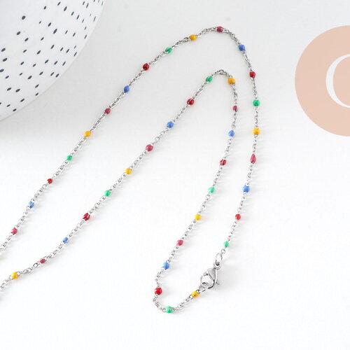 Collier chaine avec fermoir acier inoxydable platine résine multicolore 2mm-45cm,chaine collier, x1 (g1412)
