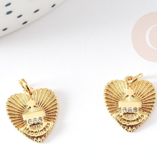 Breloque coeur laiton doré 18k cristal 14.5mm, x1 (g3588)