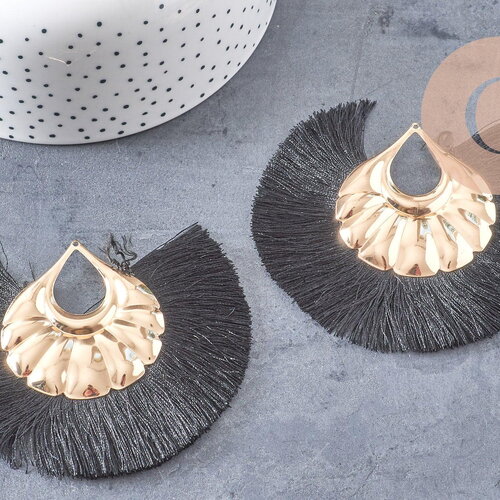 Pendentif large pompon fil noir support doré,pendentif en fil sur support doré, 85-92mm, x2 (g4533)